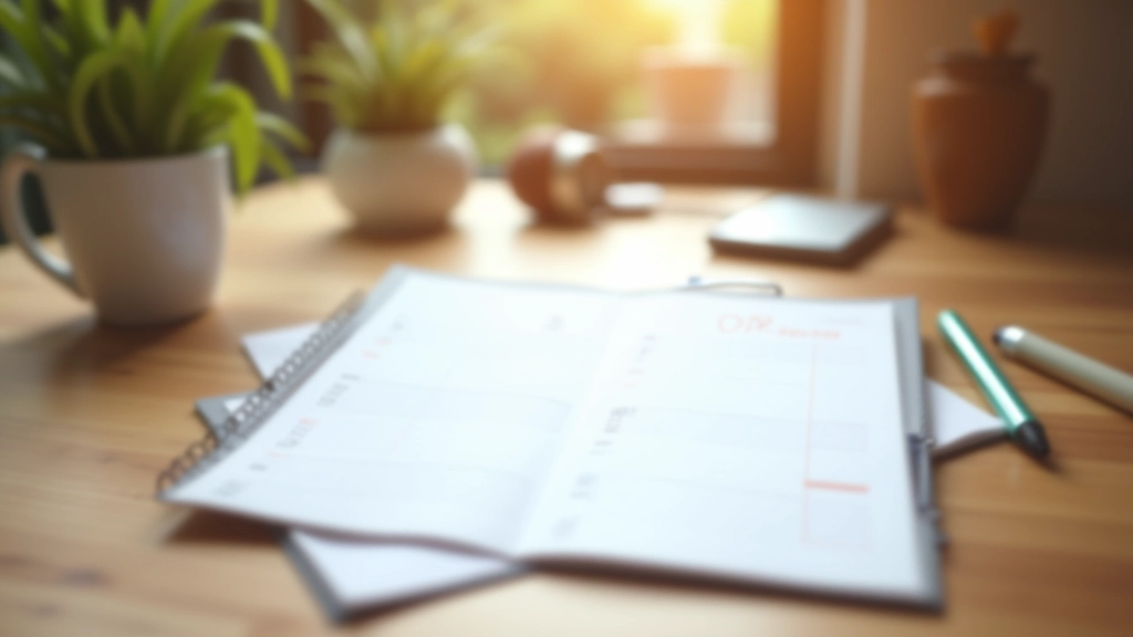 Desk calendar with a circled date, pen nearby, coffee cup, morning sunlight on workspace, organized and calm aesthetic