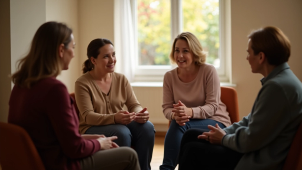 Small group of people sitting in a circle having a conversation in a bright community space, engaged and listening, diverse ages, warm natural light