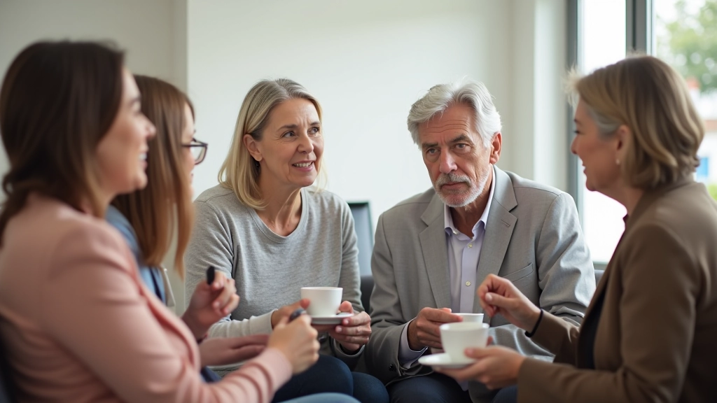 Group of diverse middle-aged adults in casual conversation, holding coffee cups, modern seminar space with comfortable seating arrangement