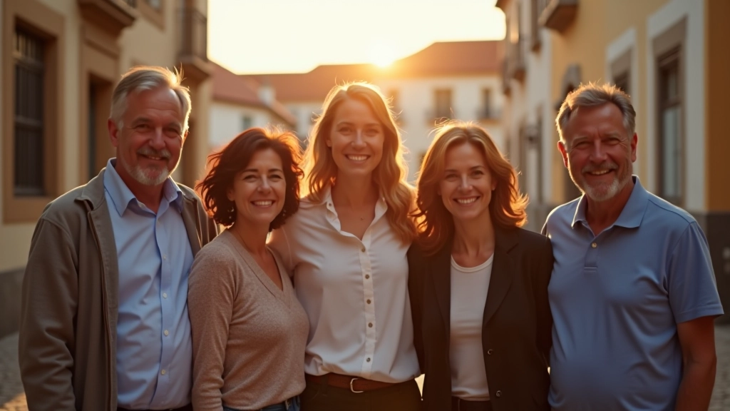 Group of five people aged 45-60 standing together outdoors in Coimbra, smiling naturally, Portuguese architecture in background, golden hour lighting
