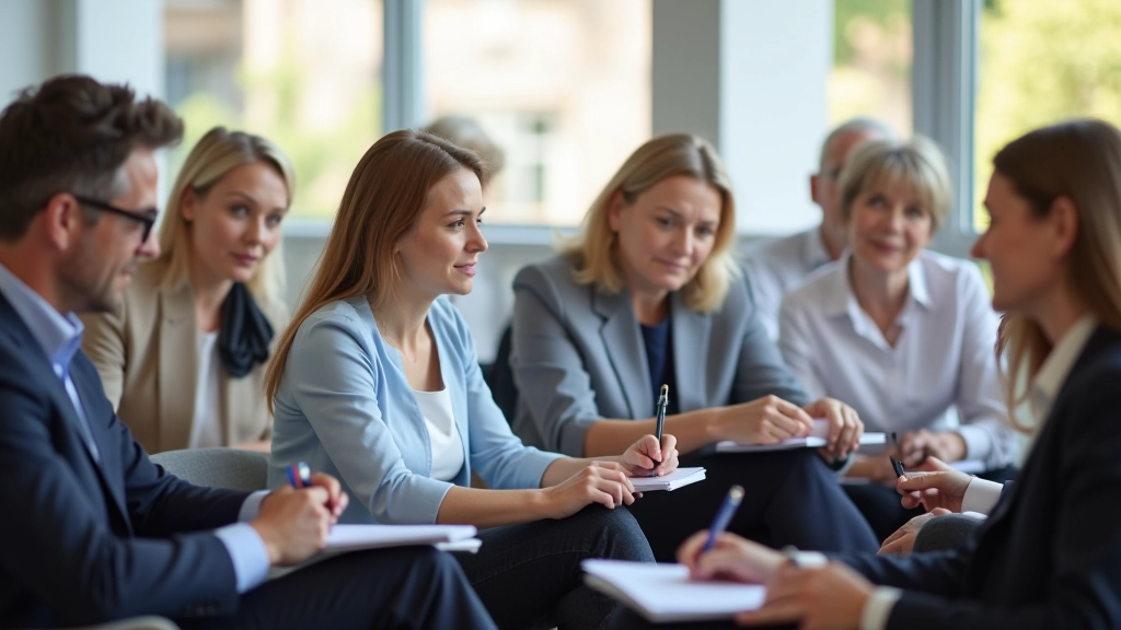 Diverse group of 8-10 people aged 45-70 in a seminar or workshop setting, engaged and learning together