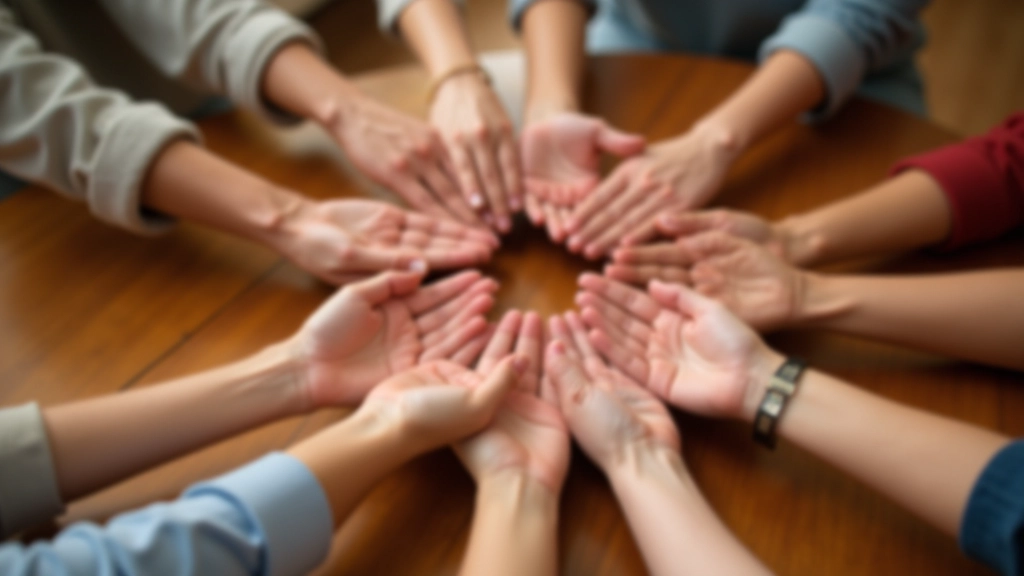 Close-up of hands of diverse group members placed together in circle, symbolizing unity and support, warm neutral background