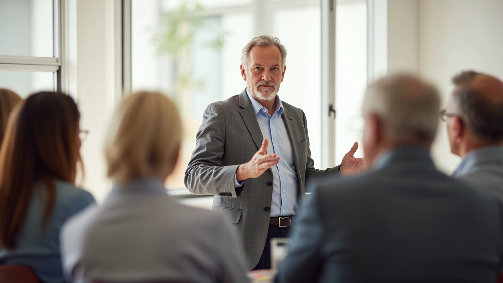 Seminar facilitator leading a discussion with a group of engaged adults seated in a circle, modern light-filled room with natural windows