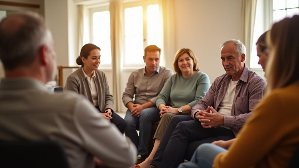 Group of diverse people aged 45-65 in a community setting, sitting together in conversation