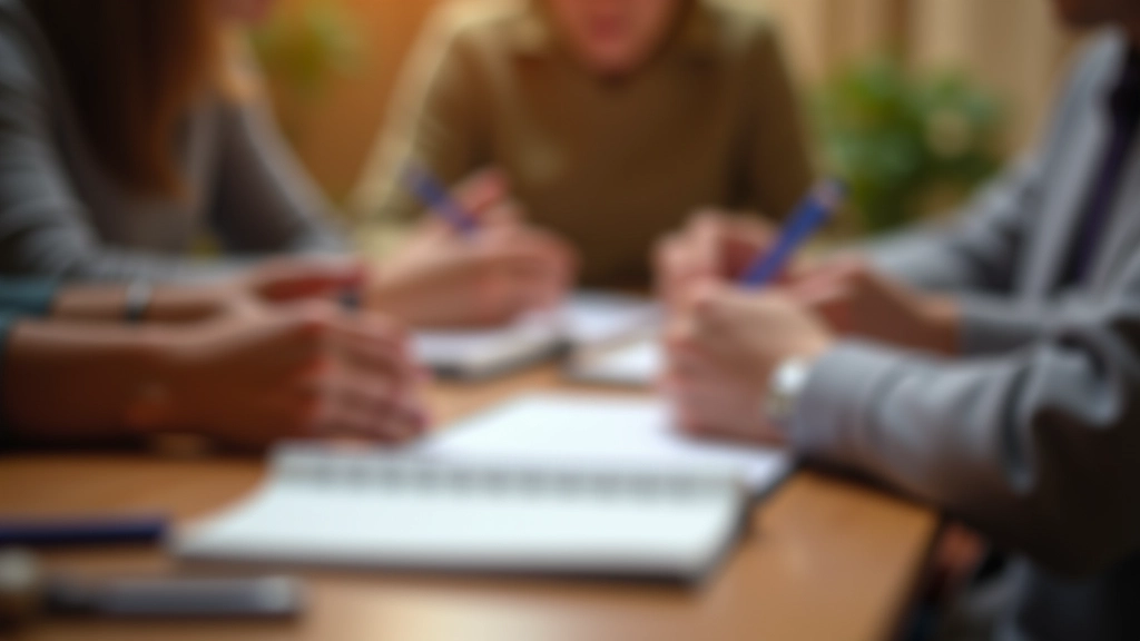Close-up of hands holding notebooks and pens during a seminar, participants taking notes, wooden table surface, warm indoor lighting