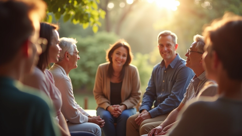 Community members engaged in supportive discussion about midlife transitions