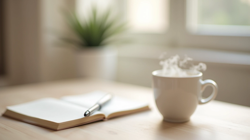 Journal, pen, and coffee cup on a light wooden table, soft morning light, minimalist workspace, crisp detail