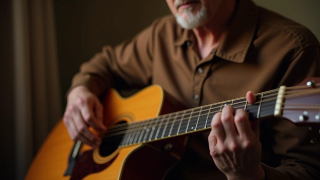 Hands working on a guitar neck, close-up of fingers on frets, warm indoor lighting, shallow depth of focus on hands