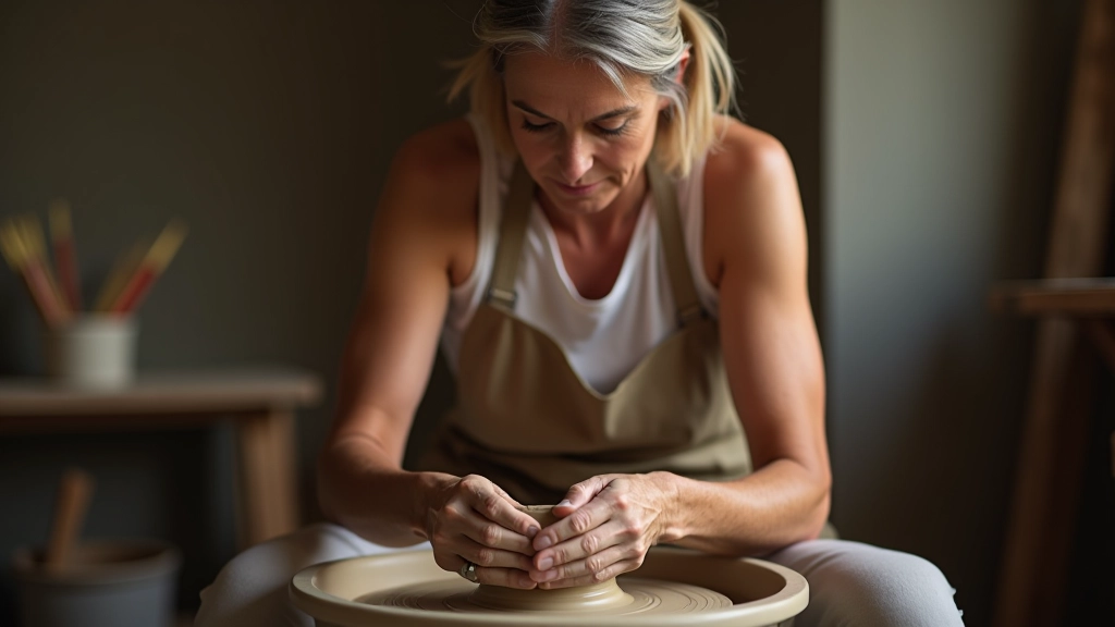 Person aged 50+ at a pottery wheel in a studio, hands shaping clay, focused expression, clay dust visible, natural studio lighting