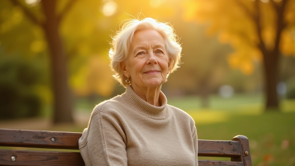 Person sitting peacefully on a park bench surrounded by autumn trees, warm light filtering through leaves, contemplative posture, nature setting