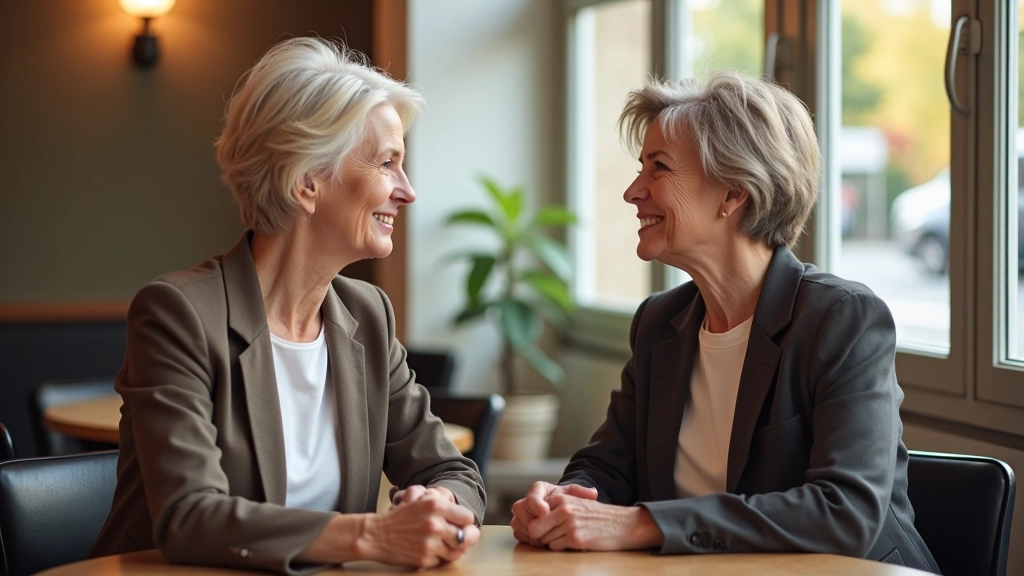 Two women in their 50s having a meaningful conversation at a café table, natural lighting, engaged expression, warm setting