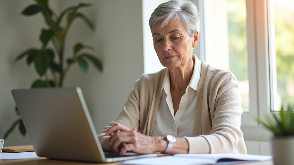 Woman aged 50 looking at smartphone and laptop at wooden desk, researching online, bright natural light, focused expression