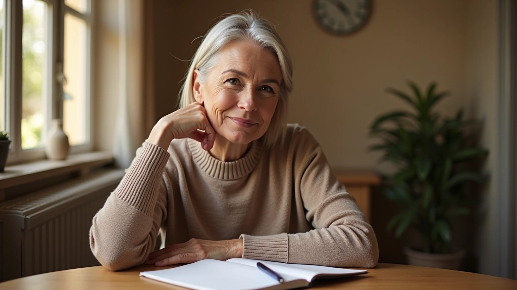 Woman in her 50s writing in a notebook at a wooden table, thoughtful expression, warm natural light from window, pen in hand