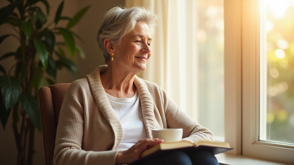 Woman in her 50s sitting by a sunny window with a journal and cup of tea, peaceful expression, natural morning light