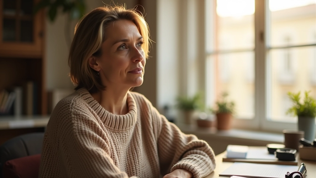 Woman in her 50s sitting at a wooden desk with a laptop, looking thoughtfully out the window, warm natural light streaming in, peaceful morning workspace